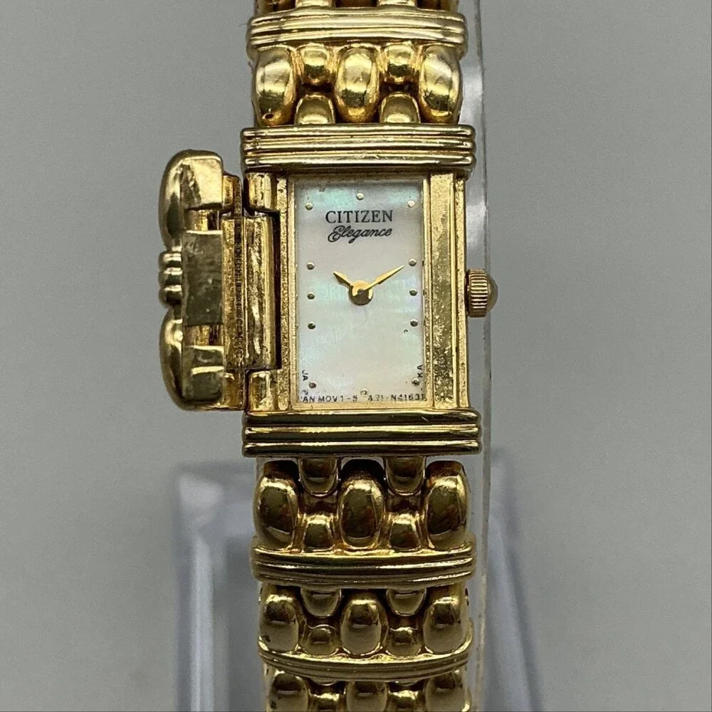 Vtg Citizen Elegance Womens Watch 14mm MOP Gold Tone Hidden Dial New Battery